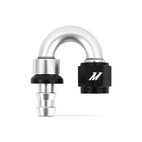 Silver and black 180 degree push lock fitting for Mishimoto 6AN degree push lock setups