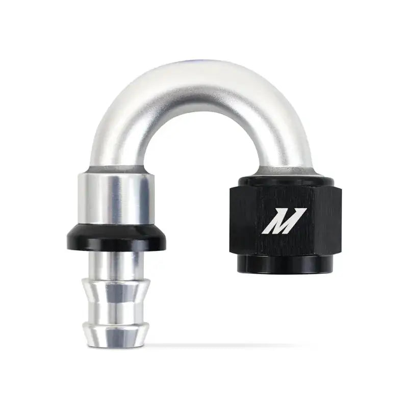 Silver and black Mishimoto 180 Degree Push Lock Fitting 8AN for secure hose connection