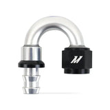 Silver and black Mishimoto 180 Degree Push Lock Fitting 8AN for secure hose connection