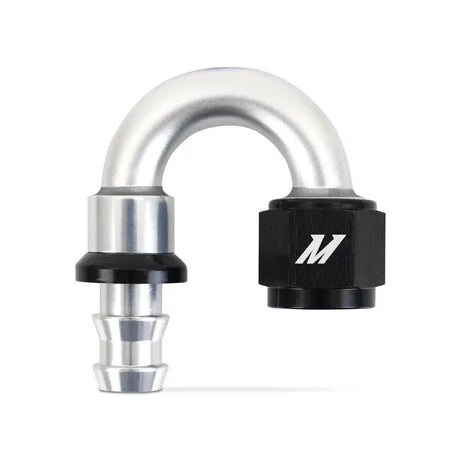 Silver and black Mishimoto 180 Degree Push Lock Fitting 8AN for secure hose connection