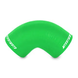 Green silicone elbow hose showing Mishimoto 2.5in 90-degree coupler for universal fitment