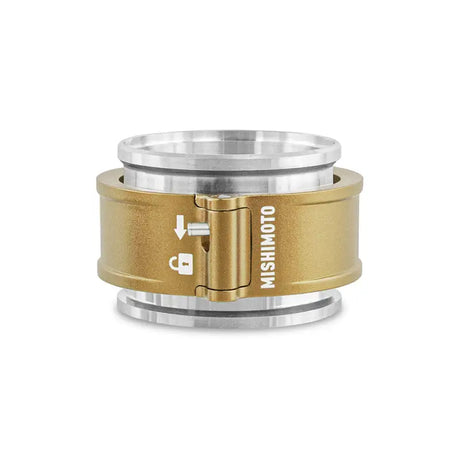 Gold and silver locking pipe fitting for Mishimoto 2.5in quick release clamp assembly