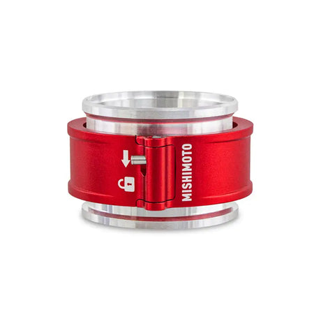 Red and silver Mishimoto 2.5in quick release clamp assembly for easy installation