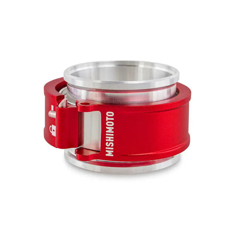 Red and silver Mishimoto 2.5in quick release clamp assembly for easy installation