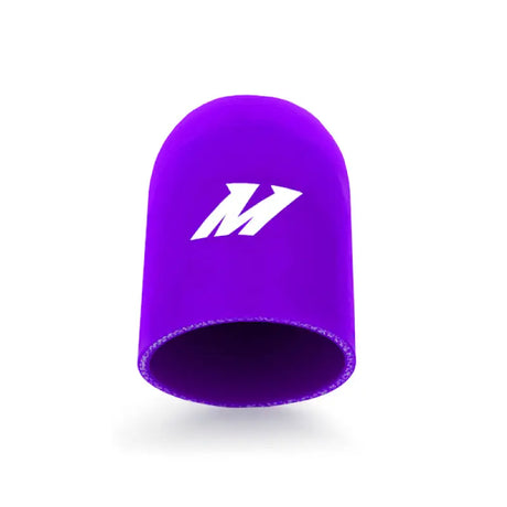 Purple silicone cap with white logo on Mishimoto 2.75in 90 Degree Coupler Purple