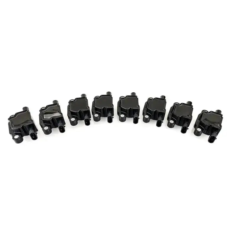 Seven black Gen V LS3 ignition coils in the Mishimoto engine ignition coil set