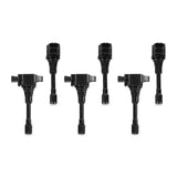 Six black ignition coils from Mishimoto Nissan 370Z ignition coil set of 6