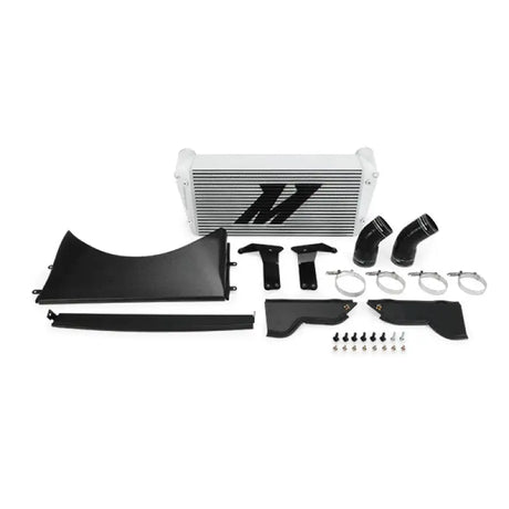 Mishimoto intercooler with black and silver components for Cummins 6.7L diesel engine