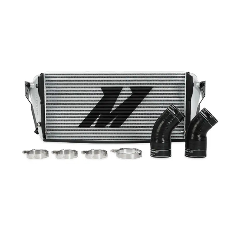 Silver Mishimoto intercooler with black hoses and clamps for Dodge 6.7L Cummins