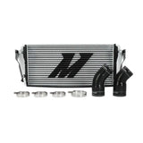 Silver Mishimoto intercooler with black hoses and clamps for Dodge 6.7L Cummins