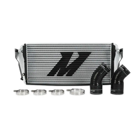 Silver Mishimoto intercooler with black hoses and clamps for Dodge 6.7L Cummins