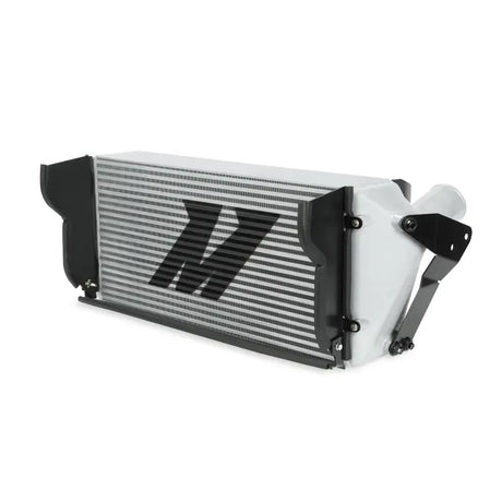 Silver and white Mishimoto intercooler for Dodge 6.7L Cummins with black brackets