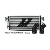 Silver Mishimoto intercooler with black hoses and clamps for Dodge 6.7L Cummins