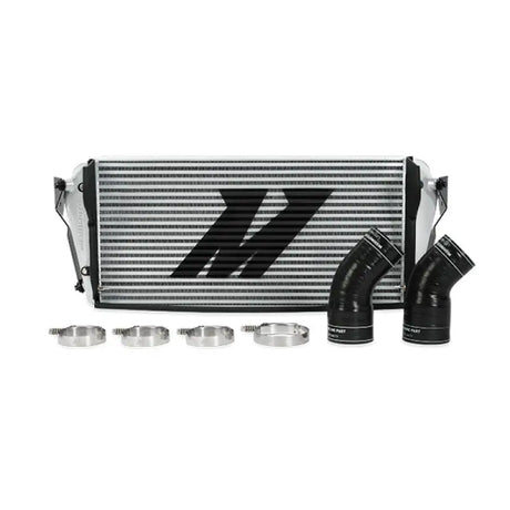 Silver Mishimoto intercooler with black hoses and clamps for Dodge 6.7L Cummins