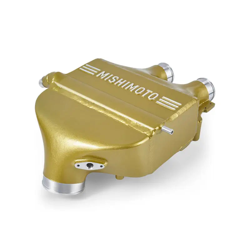Gold Mishimoto intercooler for BMW F80 with high core volume and improved heat transfer