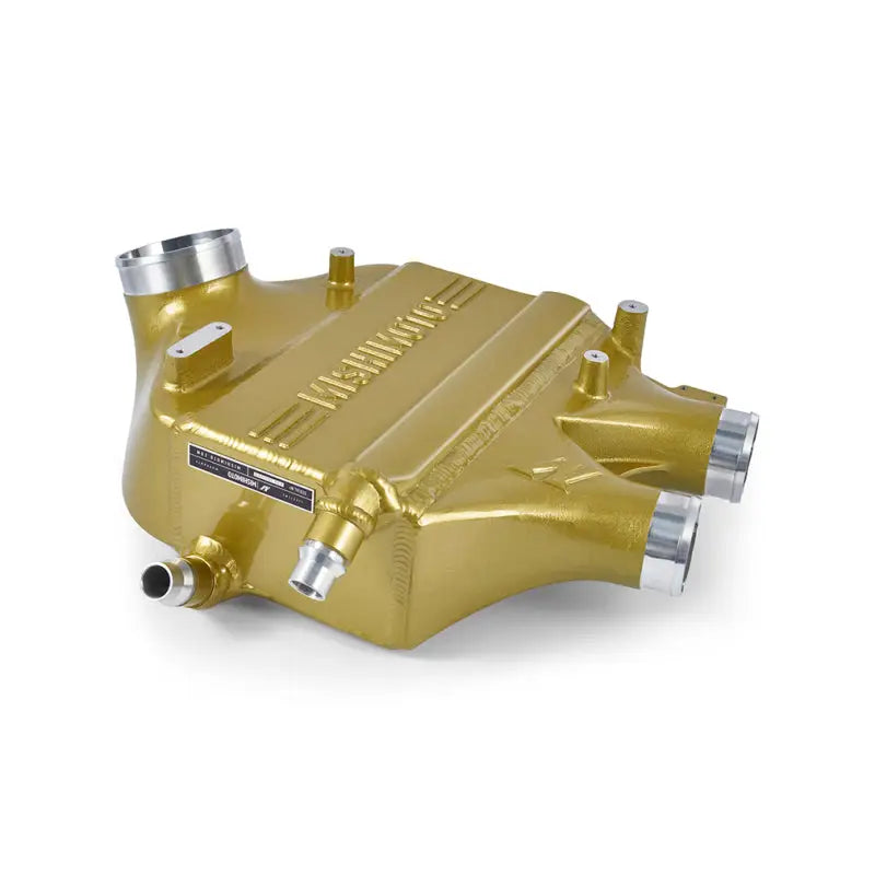Gold-colored BMW F80 intercooler with silver hose connections for improved heat transfer