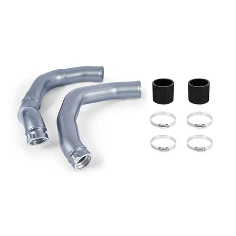 Silver metal pipes with black rubber connectors and clamps from Mishimoto BMW F80 intercooler pipe kit