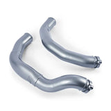 Two curved metallic pipes from Mishimoto BMW F80 intercooler pipe kit for M3/M4