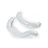 Two curved light gray plastic intercooler pipes from Mishimoto BMW F80 intercooler pipe kit