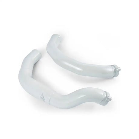 Two curved light gray plastic intercooler pipes from Mishimoto BMW F80 intercooler pipe kit