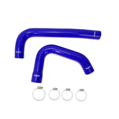 Blue silicone radiator hoses with metal clamps from Mishimoto 2015+ Dodge Ram hose kit