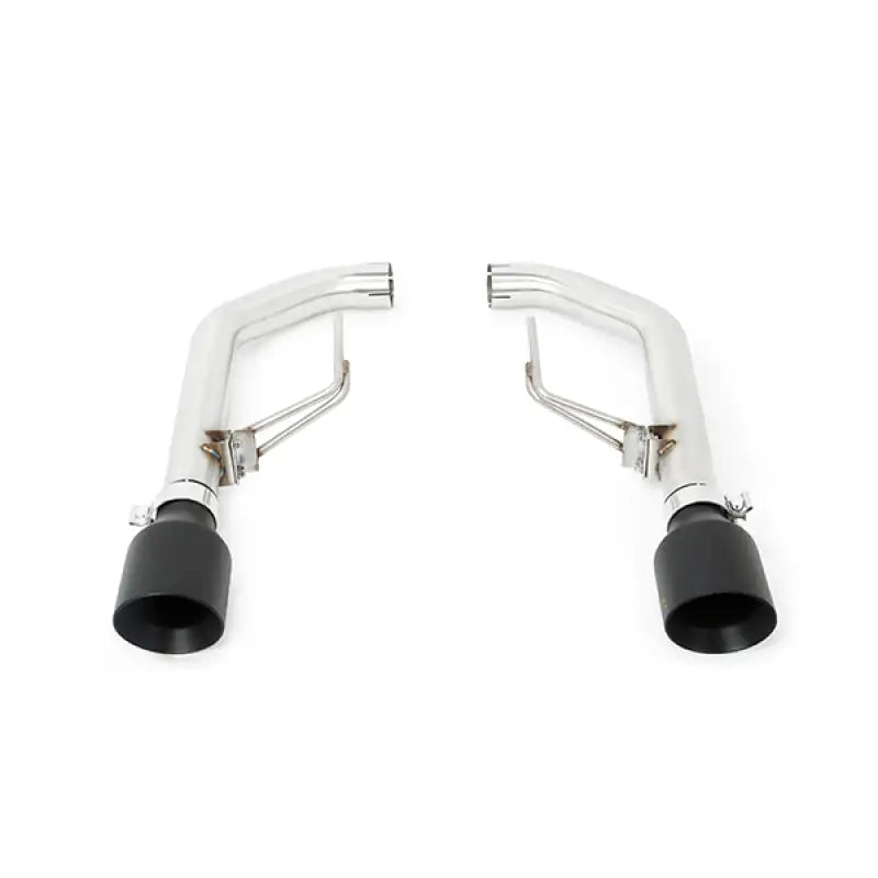 Dual stainless steel exhaust tips with black outlets on Mishimoto Ford Mustang axleback exhaust