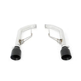 Dual stainless steel exhaust tips with black outlets on Mishimoto Ford Mustang axleback exhaust