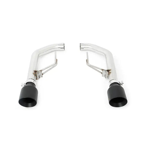 Dual stainless steel exhaust tips with black outlets on Mishimoto Ford Mustang axleback exhaust