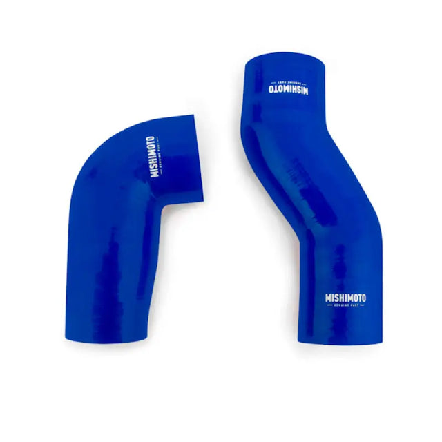 Two blue silicone engine air box hoses for Mishimoto 2015 Subaru WRX engine air kit