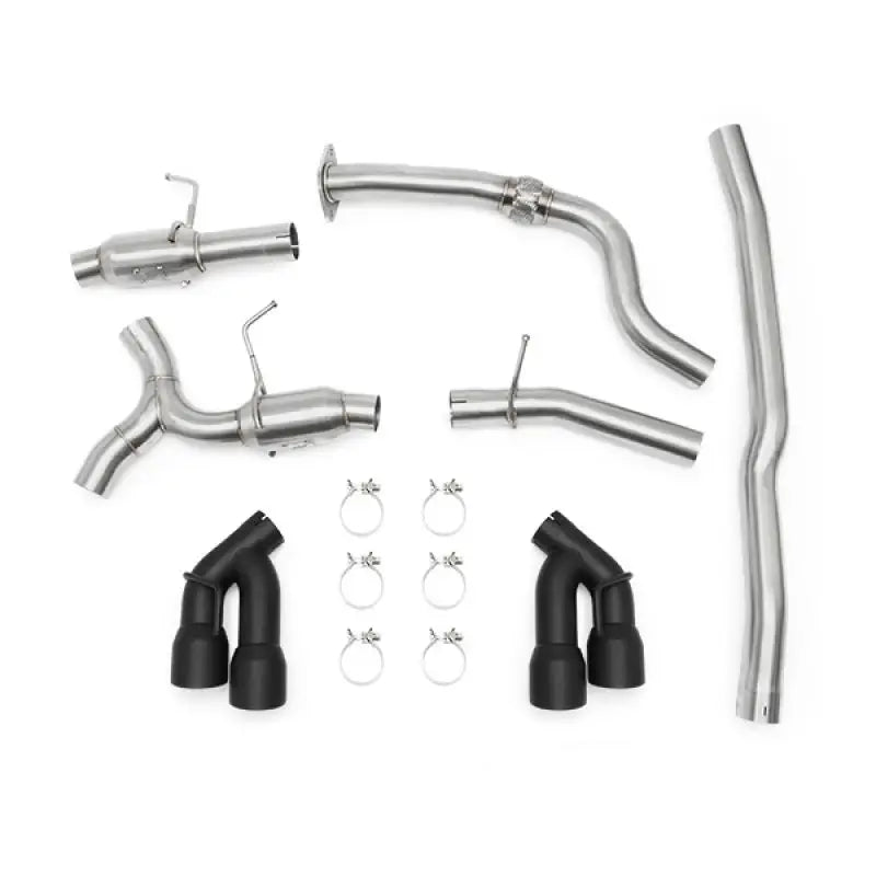 Automotive exhaust system components on Mishimoto 2016+ Chevrolet Camaro 2.0T with quad black tip cat-back exhaust
