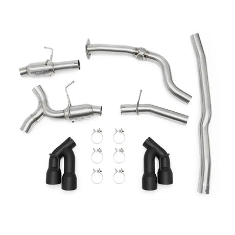 Automotive exhaust system components on Mishimoto 2016+ Chevrolet Camaro 2.0T with quad black tip cat-back exhaust