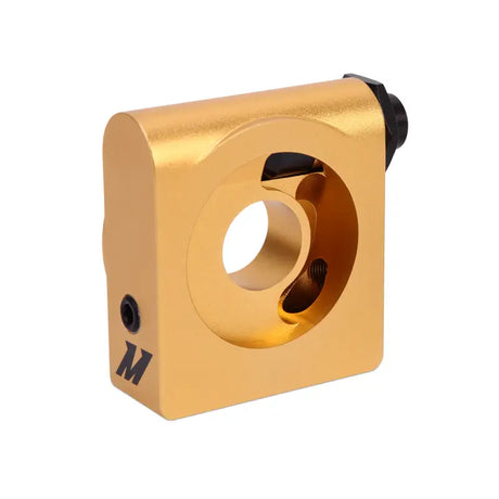 Gold-colored metal adapter with central opening for Mishimoto Camaro oil cooler kit