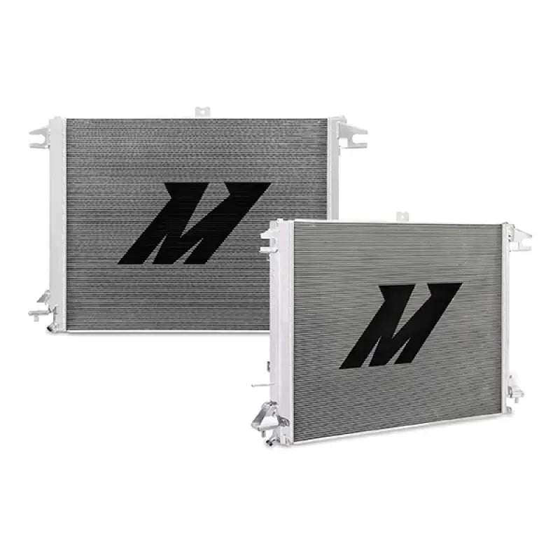 Two silver Nissan Titan aluminum radiators boost cooling efficiency for 2016+ models