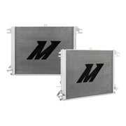 Two silver aluminum radiators with black logos for Nissan Titan cooling efficiency