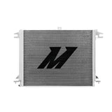 Silver Nissan Titan aluminum radiator with black logo boosting cooling efficiency