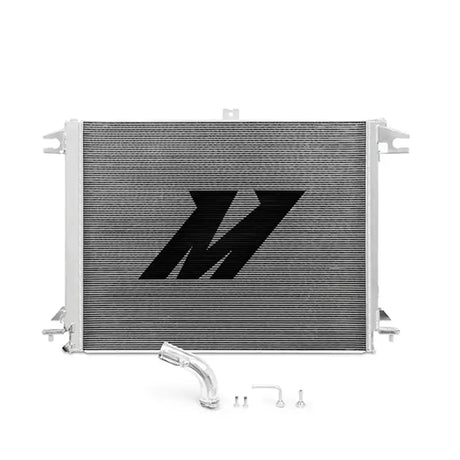 Silver aluminum radiator with accessories for Nissan Titan cooling efficiency upgrade