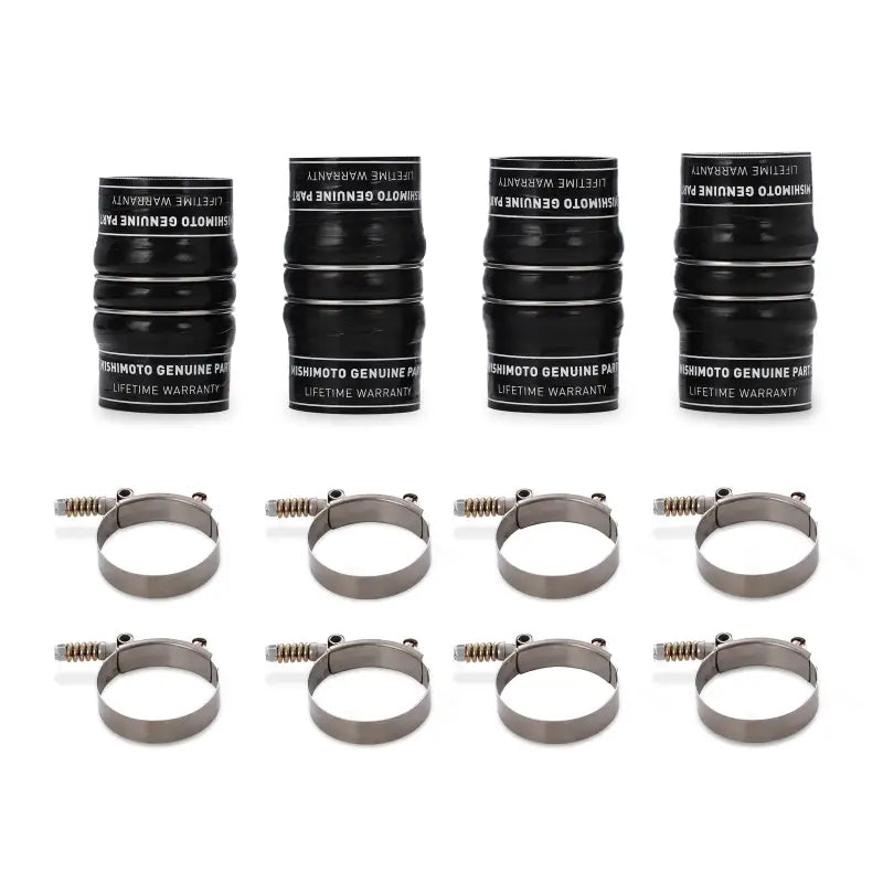 Black silicone couplers with metal hose clamps, part of Mishimoto factory fit boot kit for Nissan Titan XD