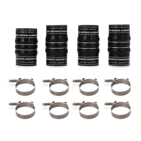 Black silicone couplers with metal hose clamps, part of Mishimoto factory fit boot kit for Nissan Titan XD