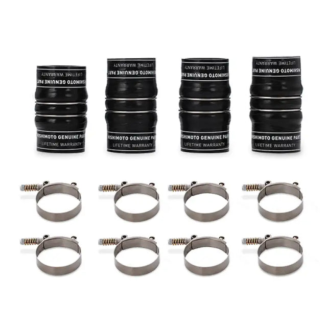 Black silicone hose couplers with metal clamps in Mishimoto 2016+ Nissan Titan XD fit boot kit