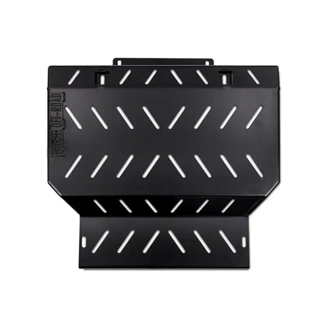 Black metal skid plate with slotted vents from Mishimoto Ford F-150 Raptor skid plate kit