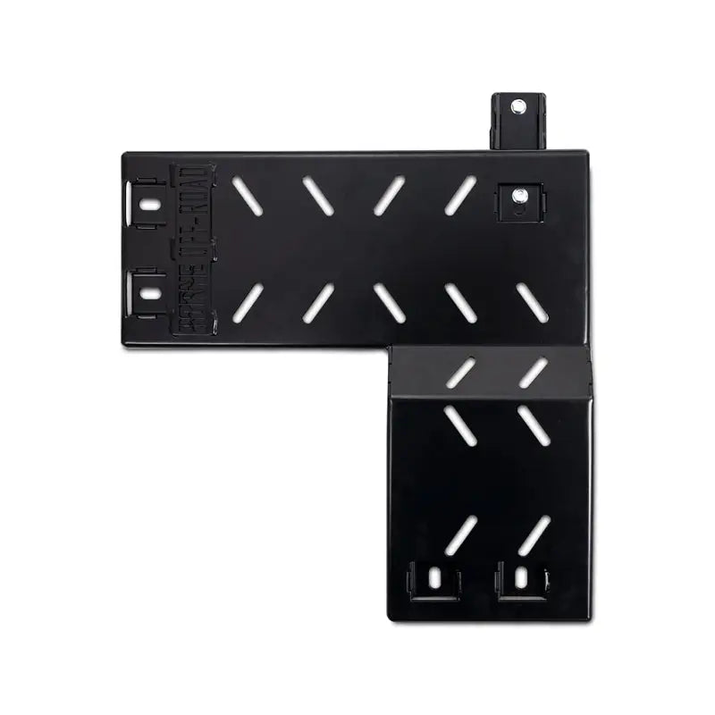 Black metal L-shaped bracket with slotted openings for Ford F-150 Raptor skid plate