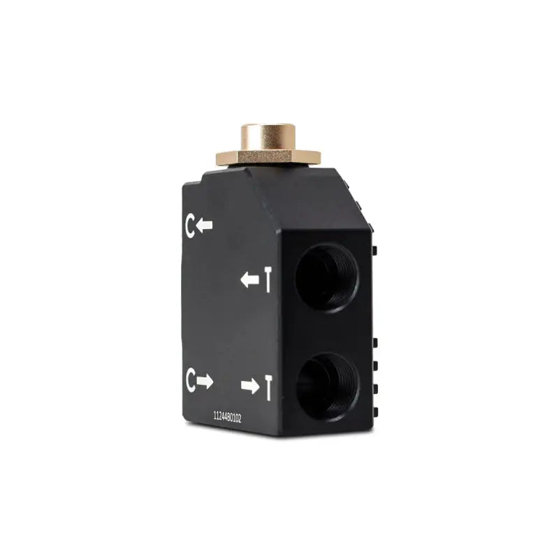 Black metal hydraulic manifold with brass fitting for Mishimoto 2019+ RAM 6.7L Cummins thermal bypass