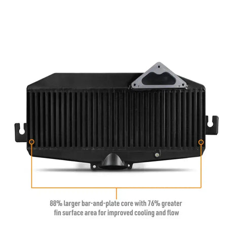 Black bar-and-plate core intercooler for Subaru Ascent top-mount intercooler in engine bay