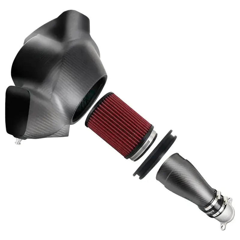 Exploded view of BMW G8X M3/M4 carbon fiber gloss air intake system with Mishimoto logo
