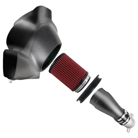 Exploded view of BMW G8X M3/M4 carbon fiber gloss air intake system with Mishimoto logo