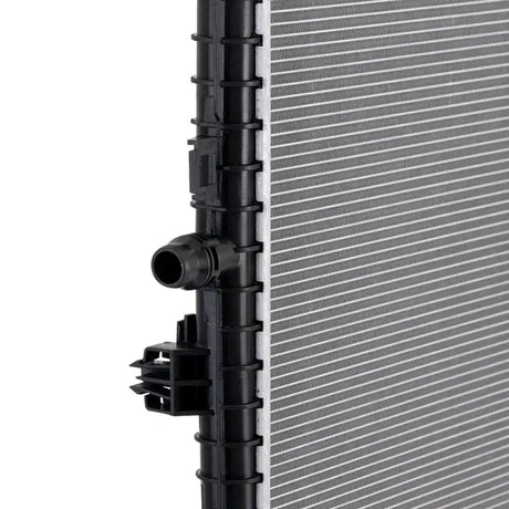 Automotive radiator with plastic fittings for Tesla Model 3 and Model Y replacement radiators