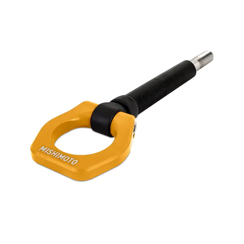 Yellow Mishimoto tow hook for Subaru WRX in gold color front tow hook accessory