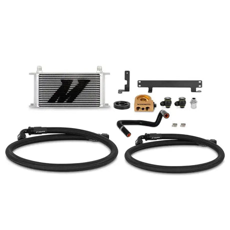 Automotive oil cooler kit for Subaru WRX with thermostatic oil cooler in silver