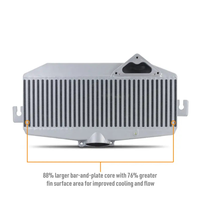 Silver Mishimoto top-mount intercooler with mounting brackets for Subaru WRX 2022+
