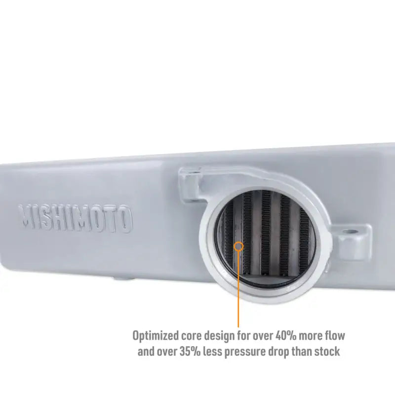 Silver Mishimoto top-mount intercooler with optimized core design for Subaru WRX